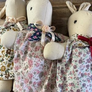 Vintage Handmade Pastel Bunnies Lot of 3 are made of Cotton with Ribbon